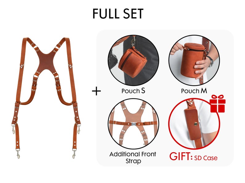 May include: A full set of brown leather camera accessories, including a harness, pouches, and an SD card case. The set includes a harness, two pouches, and an additional front strap. The text "FULL SET" is at the top.