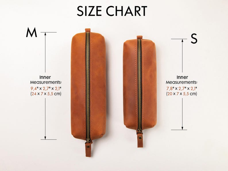 May include: Two brown leather pencil cases with brass zippers are displayed against a white background. The larger case, labeled "M", measures 9.4" x 2.7" x 2.1". The smaller case, labeled "S", measures 7.8" x 2.7" x 2.1". The text "SIZE CHART" is at the top.