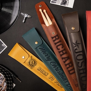 Gepersonaliseerde drumstokkenkoffer, lederen tas stokken, Vaderdag, cadeau voor muzikant, stokkenhouder