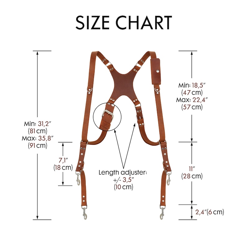 May include: A brown leather suspender set with silver-tone metal hardware. The image includes a size chart with measurements in inches and centimeters, detailing the dimensions of the suspenders, including the length and width.