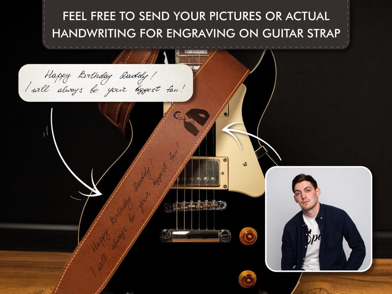 K&ouml;nnte beinhalten: Ein brauner Ledergitarrengurt mit eingraviertem Text "Happy Birthday Daddy! I will always be your biggest fan!". Der Gurt ist &uuml;ber einer schwarzen E-Gitarre drapiert. Das Bild enth&auml;lt auch ein Foto eines Mannes.
