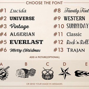 May include: A beige graphic with font options numbered 1-13, including Lucida, Universe, Vintage, Algerian, Everlast, Merry Christmas, Family Font, Western, Sunnyday, Classic, Rock'n'Roll, and Trajan. Additional picture options include a fist, eagle, drum, star, and flames.