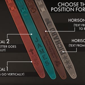 May include: Four leather guitar straps in shades of red, teal, brown, and gray, each with a different text or design. The image includes text indicating options for text placement: vertical or horizontal.