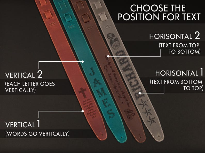 May include: Four leather guitar straps in shades of red, teal, brown, and gray, each with a different text or design. The image includes text indicating options for text placement: vertical or horizontal.