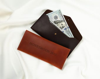 Sobre de cuero para efectivo, sobre de cuero personalizado para dinero, sobres para bodas