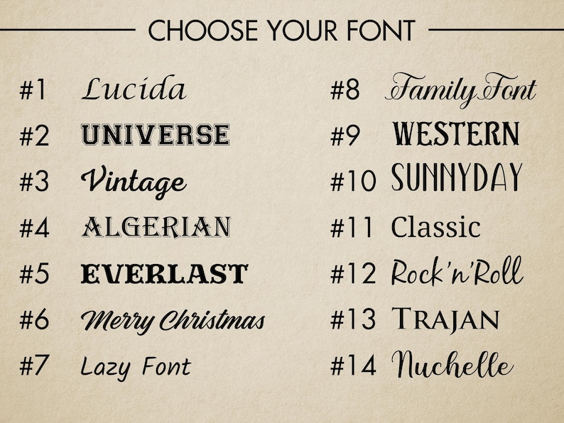 Puede incluir: Un fondo beige muestra una lista de opciones de fuentes. El texto "CHOOSE YOUR FONT" est&aacute; en la parte superior. Catorce estilos de fuente est&aacute;n numerados y nombrados, incluyendo "Lucida", "UNIVERSE", "Vintage", "ALGERIAN", "EVERLAST", "Merry Christmas", "Lazy Font", "Family Font", "WESTERN", "SUNNYDAY", "Classic", "Rock'n'Roll", "TRAJAN" y "Nuchelle".