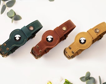 Rustic Leather Dog Collar, Collar with AirTag Holder, Personalized Dog Collar, Vintage Collar, Gifts For Pets, Dog Collar With Name Plate