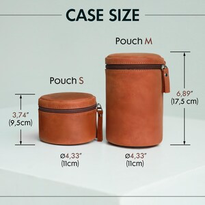 May include: Two brown leather pouches, labeled "Pouch S" and "Pouch M", with zip closures. "Pouch S" is 9.5cm tall and 11cm in diameter. "Pouch M" is 17.5 cm tall and 11cm in diameter. The text "CASE SIZE" is at the top of the image.