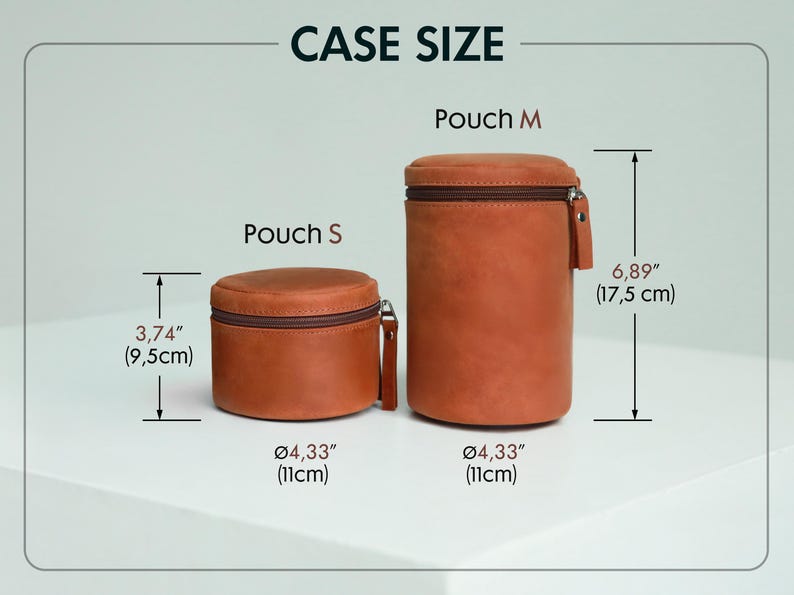 May include: Two brown leather pouches, labeled "Pouch S" and "Pouch M", with zip closures. "Pouch S" is 9.5cm tall and 11cm in diameter. "Pouch M" is 17.5 cm tall and 11cm in diameter. The text "CASE SIZE" is at the top of the image.
