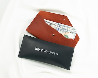 Sobre de cuero para efectivo, sobre de cuero personalizado para dinero, sobres para bodas
