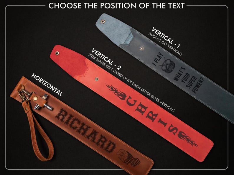 May include: Leather accessories with text options. The image shows three leather items: a brown one with "RICHARD" engraved, a red one with "CHRIS" vertically, and a gray one with "I PLAY" and "WHAT'S YOUR SUPER POWER?" vertically. The text options are for personalization.