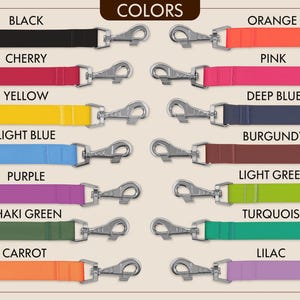 Puede incluir: Una exhibici&oacute;n de correas para perros en varios colores, incluyendo negro, naranja, cereza, rosa, amarillo, azul claro, morado, verde caqui, zanahoria, azul oscuro, borgo&ntilde;a, verde claro, turquesa y lila. Cada correa tiene un cierre plateado.