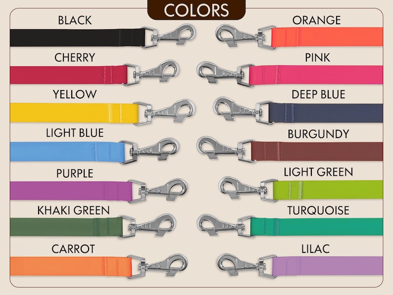 Puede incluir: Una exhibici&oacute;n de correas para perros en varios colores, incluyendo negro, naranja, cereza, rosa, amarillo, azul claro, morado, verde caqui, zanahoria, azul oscuro, borgo&ntilde;a, verde claro, turquesa y lila. Cada correa tiene un cierre plateado.