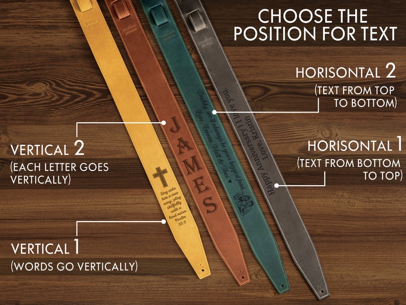 May include: A selection of personalized guitar straps in various colors, including yellow, brown, teal, and gray. The straps feature engraved text options, with examples like names, Bible verses, and anniversary messages.