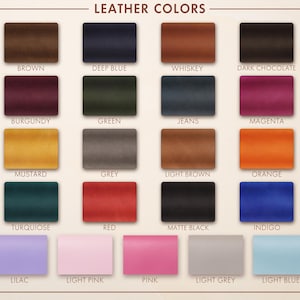 May include: A color chart displaying various leather colors. The chart includes squares of different colors, such as brown, deep blue, whiskey, dark chocolate, burgundy, green, jeans, magenta, mustard, grey, light brown, orange, turquoise, red, matte black, indigo, lilac, light pink, pink, light grey, and light blue.