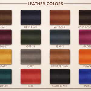 Puede incluir: Una carta de colores titulada "COLORES DE CUERO" muestra 16 muestras rectangulares. Los colores incluyen marr&oacute;n, azul oscuro, whisky, chocolate negro, borgo&ntilde;a, verde, vaquero, magenta, mostaza, gris, marr&oacute;n claro, naranja, turquesa, rojo, negro mate e &iacute;ndigo.