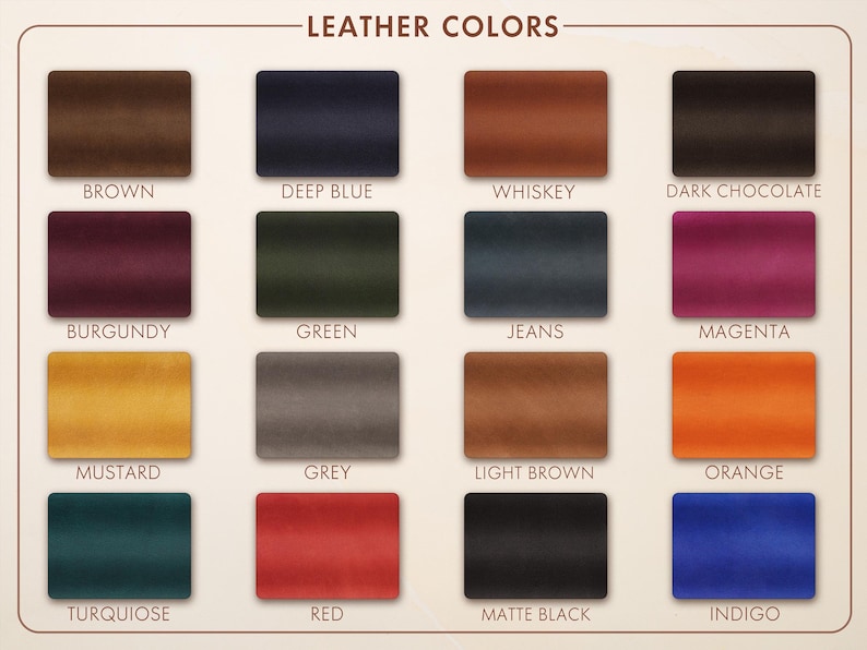 Puede incluir: Una carta de colores titulada "COLORES DE CUERO" muestra 16 muestras rectangulares. Los colores incluyen marr&oacute;n, azul oscuro, whisky, chocolate negro, borgo&ntilde;a, verde, vaquero, magenta, mostaza, gris, marr&oacute;n claro, naranja, turquesa, rojo, negro mate e &iacute;ndigo.