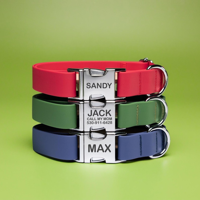 May include: Three personalized dog collars stacked on a green background. The top collar is red, the middle is green, and the bottom is blue. Each collar has a silver buckle with a name engraved on it: Sandy, Jack, and Max. The middle collar also has a phone number.