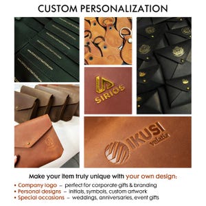 May include: A collage showcasing custom personalized leather goods. Featured items include keychains, wallets, and envelopes, all with unique branding and designs. The text "CUSTOM PERSONALIZATION" is at the top, with the text "Make your item truly unique with your own design:" at the bottom.