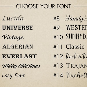 May include: A beige background displays a list of font choices. The text "CHOOSE YOUR FONT" is at the top. Fourteen font styles are numbered and named, including Lucida, Universe, Vintage, Algerian, Everlast, Merry Christmas, and Lazy Font.