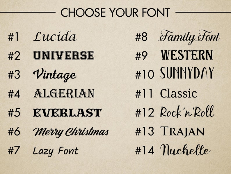 May include: A beige background displays a list of font choices. The text "CHOOSE YOUR FONT" is at the top. Fourteen font styles are numbered and named, including Lucida, Universe, Vintage, Algerian, Everlast, Merry Christmas, and Lazy Font.