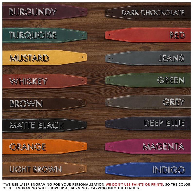 Puede incluir: Una selecci&oacute;n de correas de guitarra de cuero en varios colores, incluyendo burdeos, turquesa, mostaza, whisky, marr&oacute;n, negro mate, naranja, marr&oacute;n claro, chocolate oscuro, rojo, vaquero, verde, gris, azul oscuro, magenta e &iacute;ndigo.
