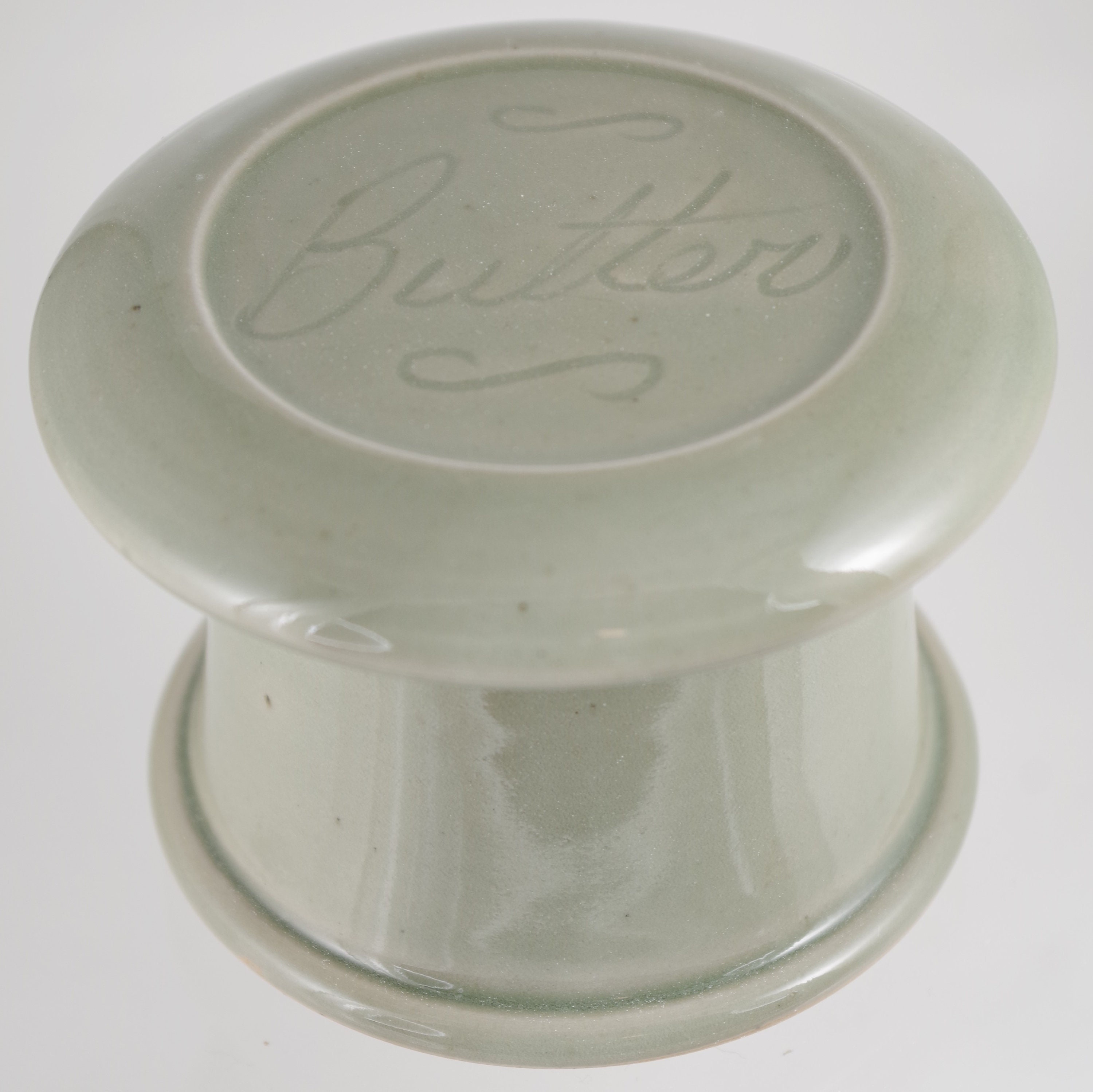 Celedon ButterFrench butter dish sometimes called a french butter keeper, french butter crock