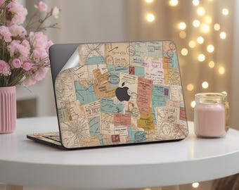 Ensemble d'autocollants vinyle vintage « Collage de voyage » pour MacBook Pro 16, 14, M5, M4, M3, M2, M1 et Air 15 et 13 pouces. Couverture Neo Skin « Aventure et soif » 2026-2023 (A3448).
