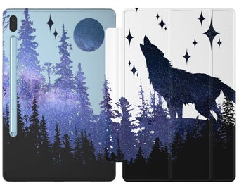 Wolf Tablet Tasche für Galaxy Tab S4 10.5 Nachtwald A 10.1 Mond Galaxy Tab S6 lite Samsung S2 9.7, Samsung Tab S7 S5e S9 Ultra S8 Plus