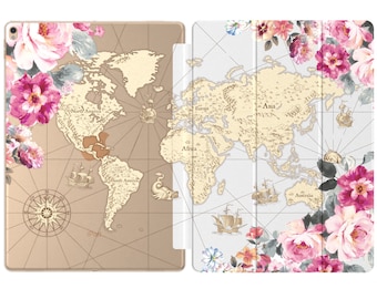 Vintage world map 12.9 iPad Pro case pink flowers iPad 10.2 inch case iPad 9.7 2018 2020 Apple iPad Air 2021 2022 Pro 11 case iPad Mini 5 6