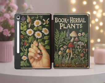 May include: A black tablet case with a botanical illustration featuring a hand holding daisies, butterflies, and the text "Book of Herbal Plants." The cover on the right displays mushrooms and ferns.