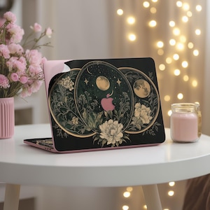 Set di pellicole in vinile Mystic Moon Floral per MacBook Pro 16" 14 Air 13 15 pollici, decalcomania per laptop, nuovo stile celeste Art Nouveau, strega, verde vintage, scuro, Academia
