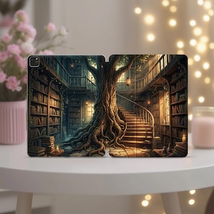 May include: A tablet case featuring a printed illustration of a library interior with a large central tree, winding wooden staircase, multiple bookshelves filled with books, hanging lanterns, and small lit candles on the floor and tables.