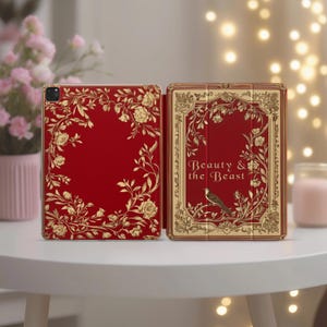 Beauty and the Beast Book case for iPad Pro 11 12.9 13 M4 M5 Air 5 4 Mini 7 6 10.2 A16 10 gen Bookish Smart Cover Red Gold Floral Fairytale