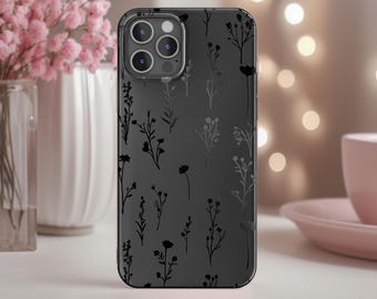Capa preta fosca com estampa floral encantadora para Google Pixel 10 9 Pro XL 8 7 6 6a 5a 4a 5G. Capa de borracha com delicada estampa de flores silvestres e um toque moderno para meninas.