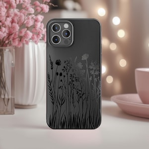 Custodia Field Flowers nera opaca per Google Pixel 9 8 7 6a Pro 7a 6 5a 5 4 XL 4a 5G in gomma elegante con piante di fiori selvatici e minimalista lavanda
