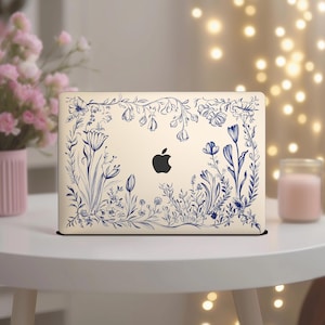 Blue Floral MacBook Case – Elegant Line Art Cover for Mac Book Air 15 M4 M3 M2 M1 Pro 16&quot; 14 13 &quot; inch Laptop Hard Shell A2337 A3114 A2681