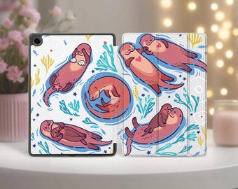 Funda con estampado de nutrias para Galaxy Tab A8 10.5, funda tipo folio con diseño kawaii para Samsung A9, S7, 14.6 pulgadas, S8, S10 Ultra, S9, A7, 8.7 pulgadas, S6 Lite de 10.4 pulgadas.