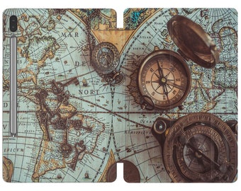 Vintage map fits samsung tab s9 case Nautical print Travel S7 cover Galaxy Tab S6 lite S8 galaxy A 8.0 2019 Tablet A7 compass A 10.1 2024 fe