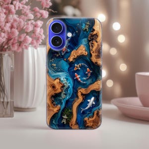 Koi Fischteich Handyhülle für iPhone/Samsung/google Pixel Weiche Silikonhülle Japanisches Ästhetisches Epoxy Woodgrain Muster Schlank Schutz TPU
