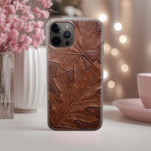 Etui na telefon z brązowymi liśćmi dębu do iPhone'a/Samsunga/Google Pixel. Silikonowa osłona ochronna. Przytulny nadruk jesiennych liści. Ziemiste odcienie. Prezent dla ojca.