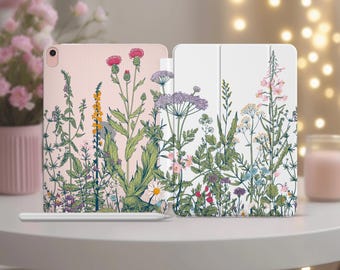 Funda para iPad Pro 11 12.9 13" M5 con diseño de flores de pradera. Funda tipo folio transparente Botanical a16 2025 para iPad Pro Mini 5 6 Air 4 A2588 10.2 de 7.ª, 9.ª y 10.ª generación (M2, M3, M4).