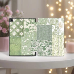Toile de jouy Patchwork-Hülle für Samsung Tab S11, S9 Plus, S10 Ultra, Salbeigrün, Galaxy Tablet-Hülle, S6 Lite, S7 FE, S8, A9, A8, A10,5, 11 Zoll, Geschenk