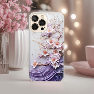 iPhone/Samsung/Google Pixel用 桜が咲く携帯電話ケース TPUシリコンカバー 日本の桜の花柄 春の海の波 魅力的な女性