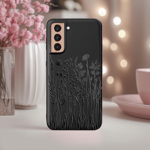 Funda negra mate con flores silvestres delicadas para Samsung Galaxy S24, S23, S22 Ultra, Note 20, S25 Plus, funda de goma minimalista con diseño floral y femenino.