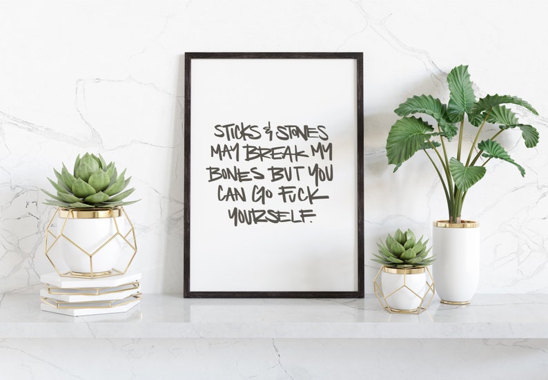 Puede incluir: Impresi&oacute;n art&iacute;stica enmarcada en negro con el texto "STICKS & STONES MAY BREAK MY BONES BUT YOU CAN GO FUCK YOURSELF." La impresi&oacute;n se exhibe en un estante blanco con plantas decorativas en macetas geom&eacute;tricas blancas y doradas.
