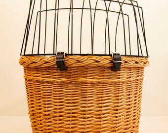 Wicker Handmade Bicycle Basket with a Metal Cover to Transport a Pet