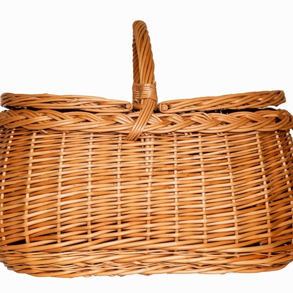 Panier de pique-nique en osier fait main panier de campagne traditionnel pour le stockage, achats, plage, transport, taille moyenne