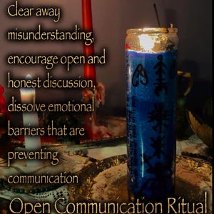 May include: A blue pillar candle in a glass container with black symbols, featuring the text NADINE CANDLECRAFT, Clear away misunderstanding, encourage open and honest discussion, dissolve emotional barriers that are preventing communication, Open Communication Ritual.