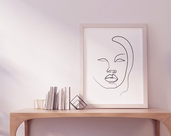 Minimalist Woman Face Line Art Print, Black and White Boho Decor (Digital Download)